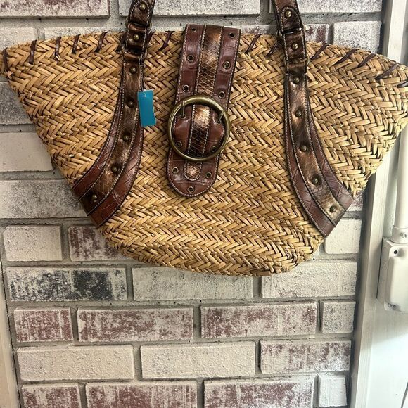 Brown Woven Straw Tote Nine West Large Straw Summer Bag 592 - Picture 1 of 6